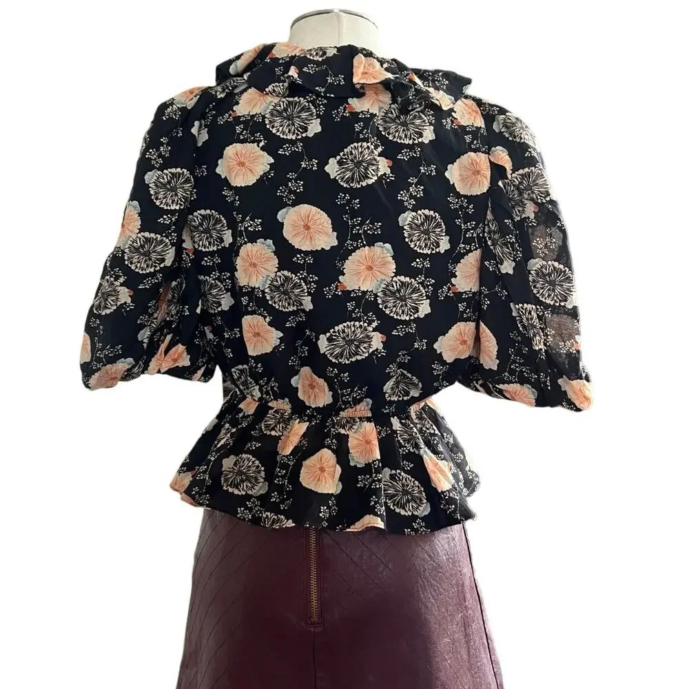 Ulla Johnson Size 4 Nadya Black Gardenia Floral Ruffle Peplum Cotton Blouse